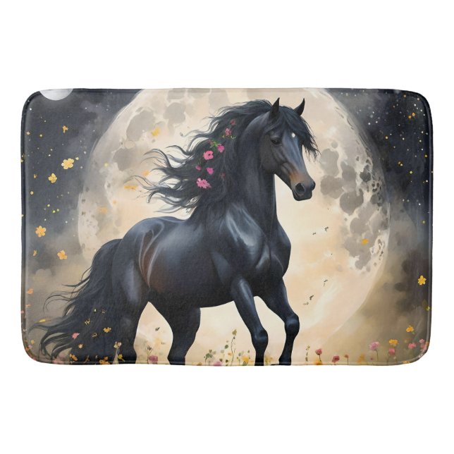 Tapis De Bain Champ de fleur de lune de cheval noir, (Devant)