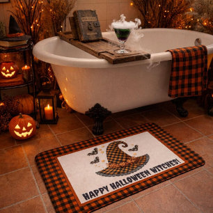 Tapis De Bain Chapeau de sorcière Halloween à carreaux orange et