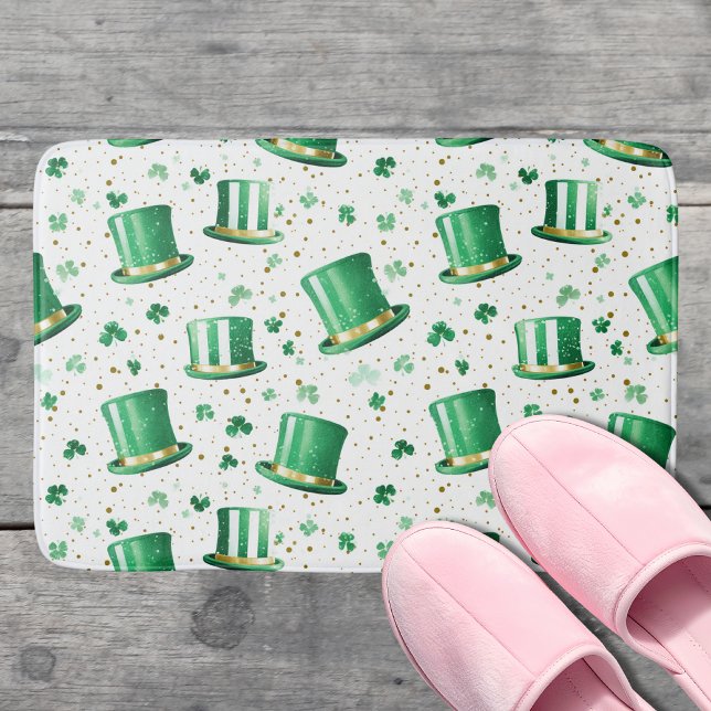 Tapis De Bain Chapeaux verts dorés de luxe et trèfles blancs (Créateur téléchargé)