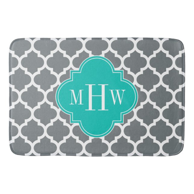 Tapis De Bain Charbon Blanc Marocain #5 Turquoise Monogramme ini (Devant)