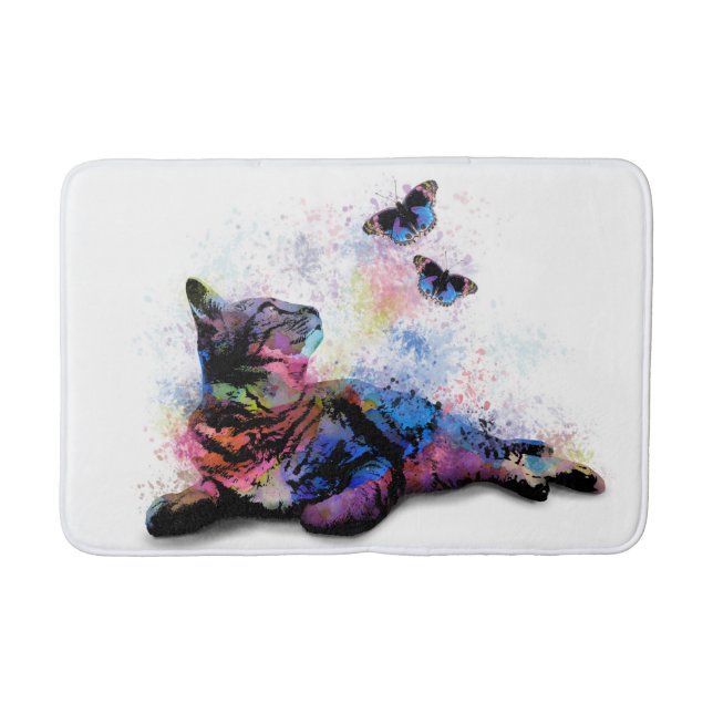 Tapis De Bain Chat 614 papillon bleu rose (Devant)
