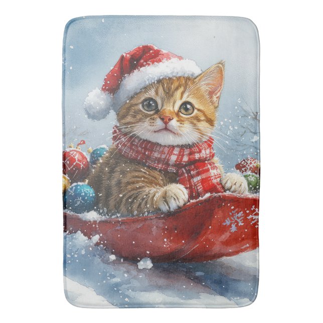 Tapis De Bain Chat abyssinien en sledge laissez-le neiger Noël (devant Vertical)