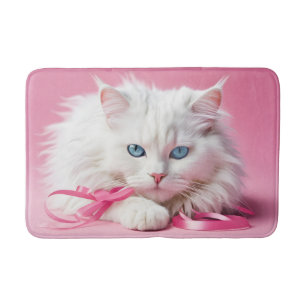 Tapis De Bain Chat Blanc Avec Rubans Roses