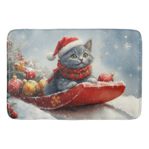 Tapis De Bain Chat Bleu Russe en Luge Laissez Tomber la Neige No