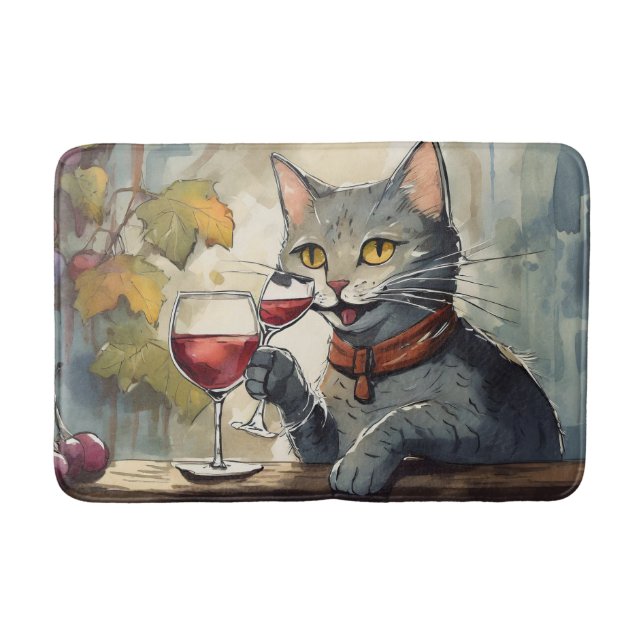 Tapis de bain chat drôle buvant du vin ! (Devant)