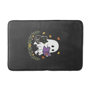 Tapis De Bain Chat fantôme d'Halloween lisant un livre floral De