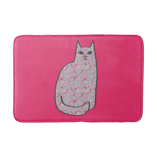 Tapis De Bain Chat moderne du milieu du siècle, gris et Fuchsia  (Devant)