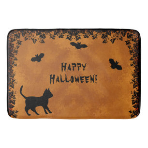 Tapis De Bain Chat noir avec chauve-souris, Happy Halloween