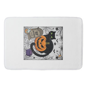 Tapis De Bain Chat noir d'Halloween Citrouille Pierre tombale Ch