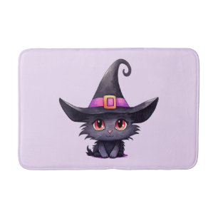 Tapis De Bain Chat noir mignon portant un Casquette de sorcière