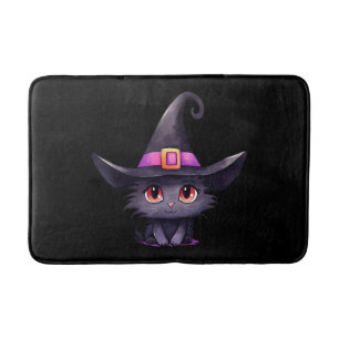 Tapis De Bain Chat noir mignon portant un Casquette de sorcière