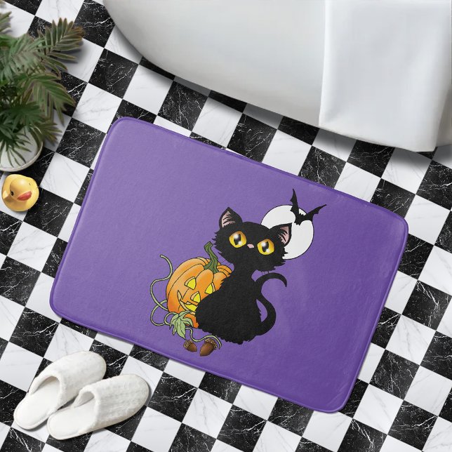 Tapis De Bain Chat noir mignon violet effrayant Halloween Citrou (Créateur téléchargé)