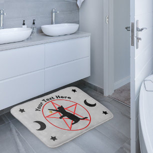 Tapis De Bain Chat Noir Pentagramme Rouge Étoiles Lunes Gris