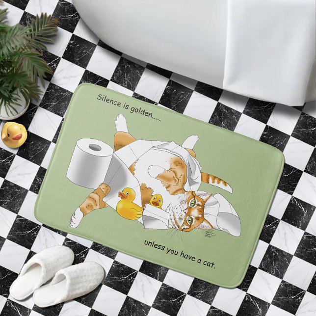 Tapis De Bain Chat orange roux drôle papier toilette vert (Créateur téléchargé)