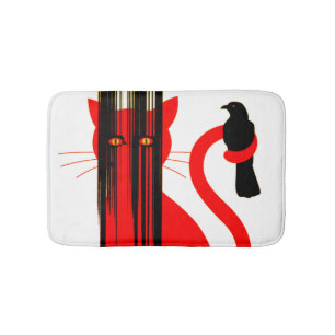 Tapis De Bain Chat rouge et illustration d'oiseau noir