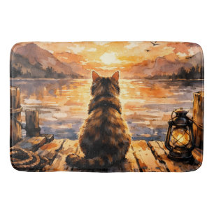 Tapis De Bain Chat sur le quai au coucher du soleil