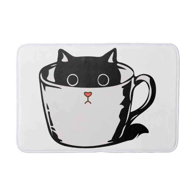 Tapis De Bain Chaton noir avec nez rouge caché dans une tasse (Devant)