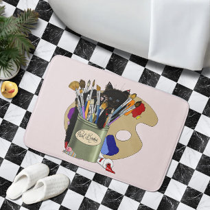 Tapis De Bain Chaton noir Pinceau Pot Artiste Chat Rose