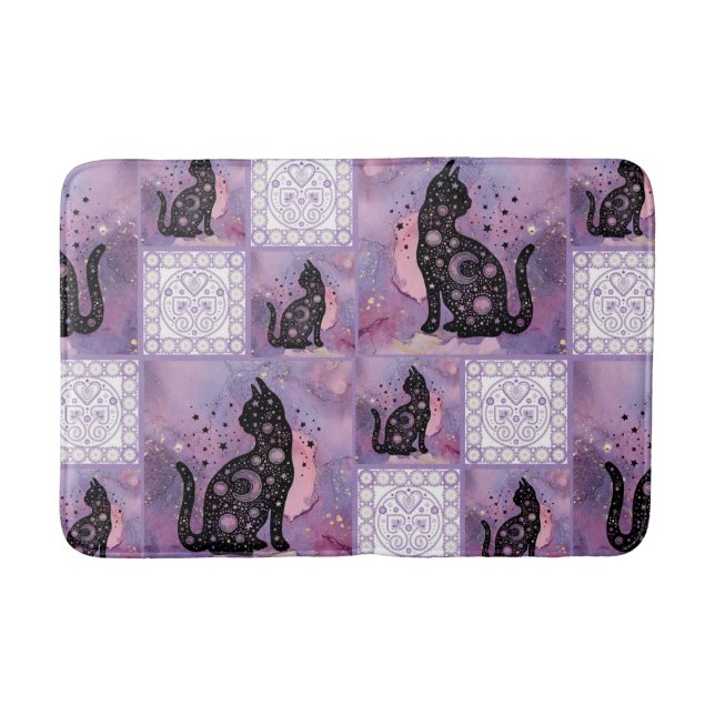 Tapis De Bain Chats Cosmiques Violet Patchwork Taille moyenne (Devant)
