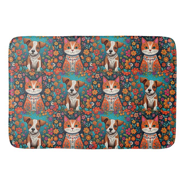 Tapis De Bain Chats de Whimsical et Chien avec Fleurs d'Art Folk (Devant)