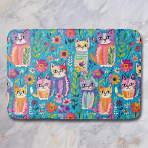 Tapis De Bain Chats et fleurs colorés Whimsical