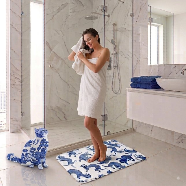 Tapis de bain Chats Flottants Bleu et Blanc de Sty (Créateur téléchargé)