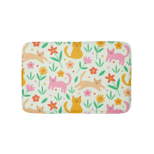 Tapis De Bain Chats rétro heureux avec des fleurs orange rouge e
