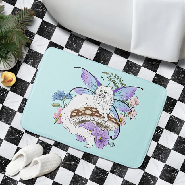 Tapis De Bain Chatte Fée Blanche Fantastique Champignon Bleu Cap (Créateur téléchargé)