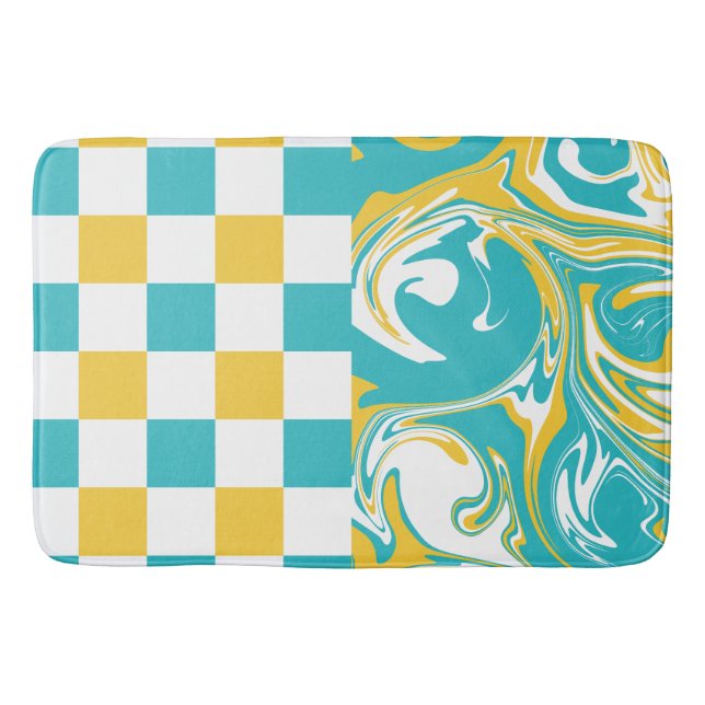 Tapis De Bain Chèques et permules en Turquoise, Jaune et Blanc (Devant)