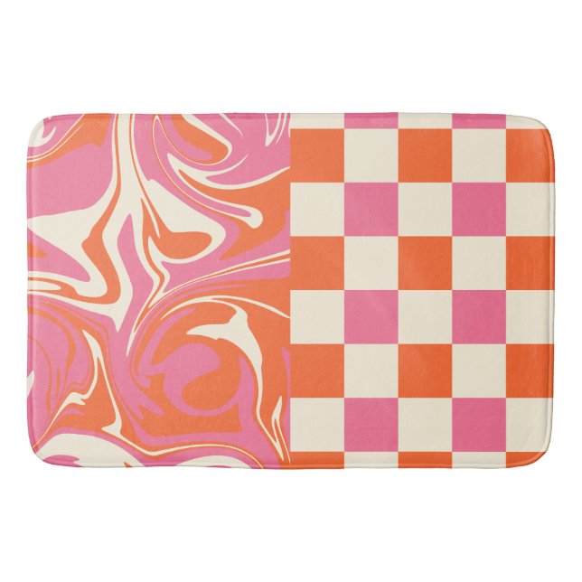 Tapis De Bain Chèques et tourbillons - rose, orange et crème (Devant)