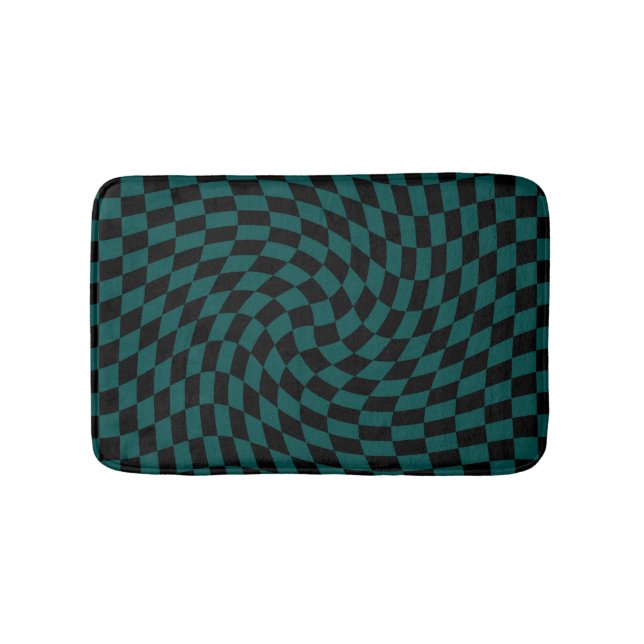 Tapis De Bain Chèques Noirs Retro Warped Jungle Vert À damiers (Devant)