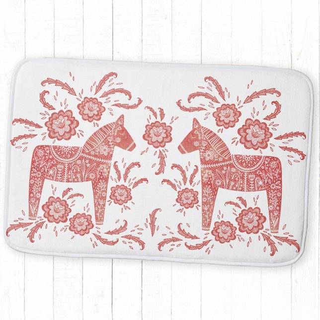 Tapis De Bain Cheval de Dala suédois Rouge et blanc (Swedish Dala Horse folk art red and white bath mat)