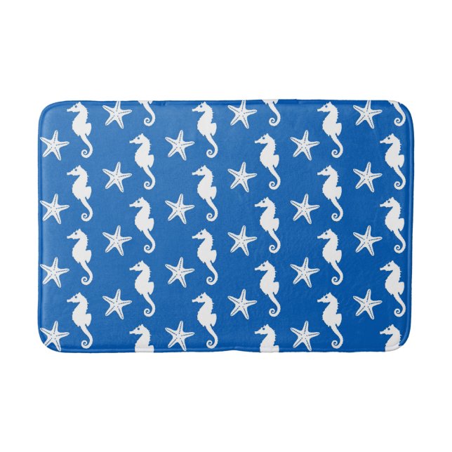 Tapis De Bain Cheval de mer et poisson d'eau - blanc sur bleu co (Devant)