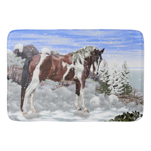 Tapis De Bain Cheval de peinture Tobiano blanc et baie en neige (Devant)