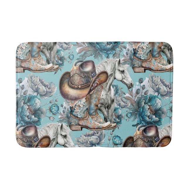 Tapis De Bain Cheval fille cowgirl motif floral turquoise (Devant)