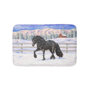Tapis De Bain Cheval Noir Friésien Roulette Trottant Dans La Nei