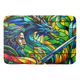 Tapis De Bain Chevalier dragon frappant le vitrail Fantastique