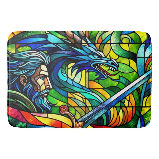 Tapis De Bain Chevalier dragon frappant le vitrail Fantastique (Devant)