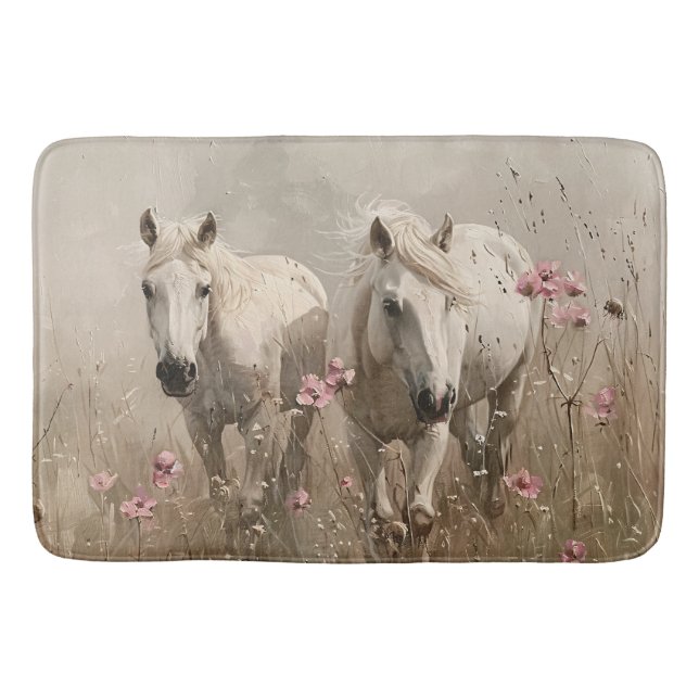 Tapis De Bain Chevaux gris Fleurs roses Peinture à l'huile (Devant)