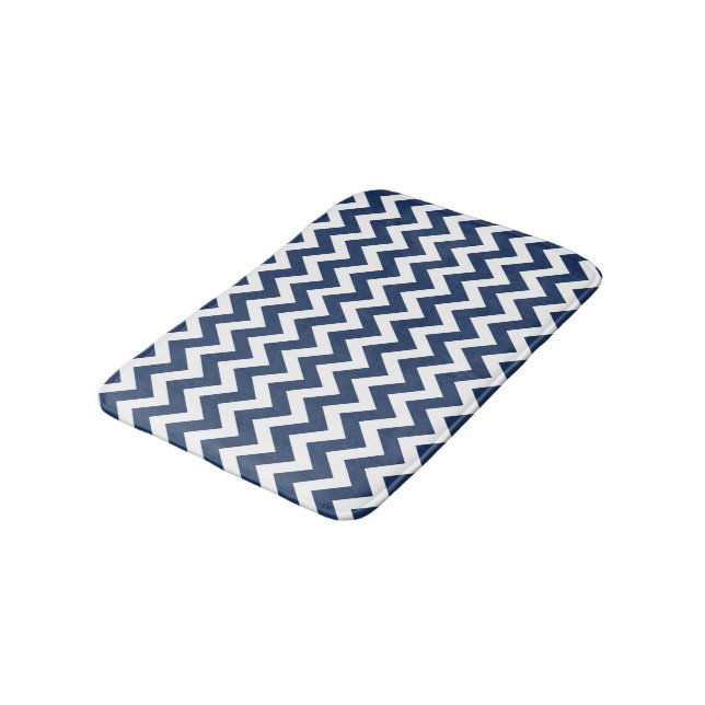 Tapis De Bain Chevron Marine Bleu Blanc moderne Motif Mat (Angle)