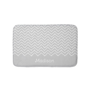 Tapis De Bain Chevron Zigzag Ondulé Gris Et Blanc Avec Nom