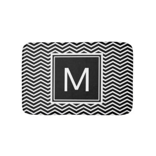 Tapis De Bain Chevrons noirs et blancs modernes avec Monogramme