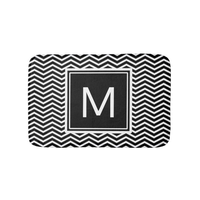 Tapis De Bain Chevrons noirs et blancs modernes avec Monogramme (Devant)