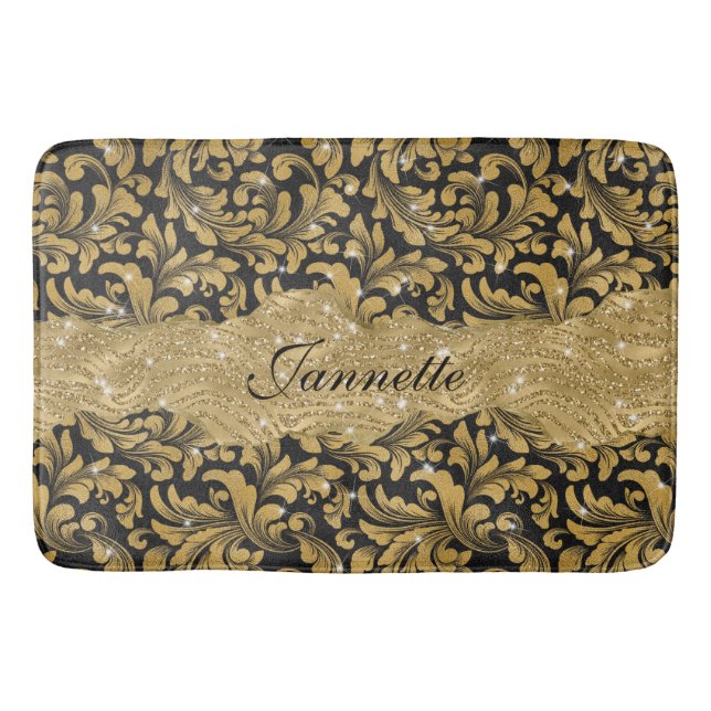 Tapis De Bain Chic Faux Floral Monogramme Or Noir (Devant)