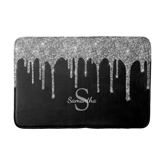 Tapis De Bain Chic Gouttes de Paillettes Argentées Monogramme No (Devant)