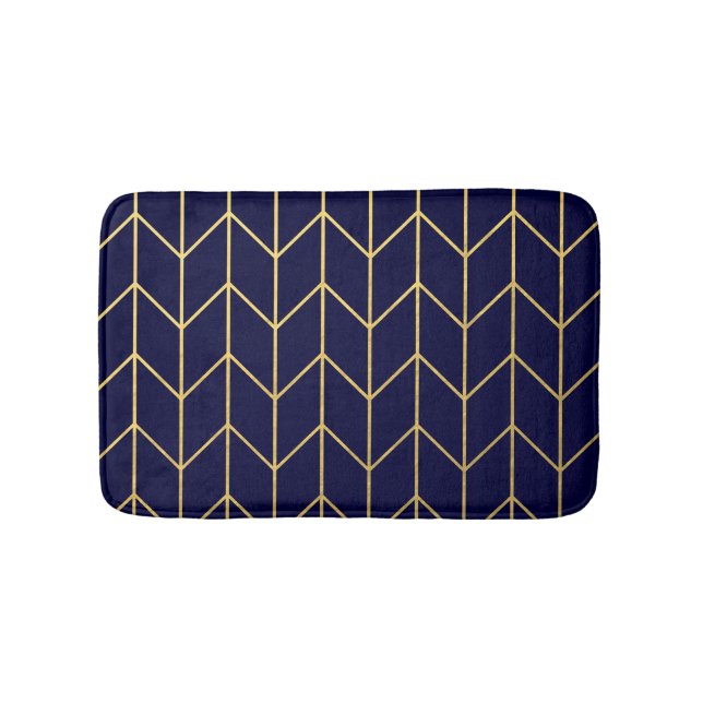 Tapis De Bain Chic moderne de bleu marine de Chevron d'or jaune (Devant)