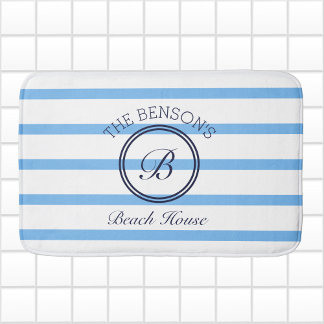 Tapis De Bain Chic Monogram Blue Stripes Nom de famille Beach Ho