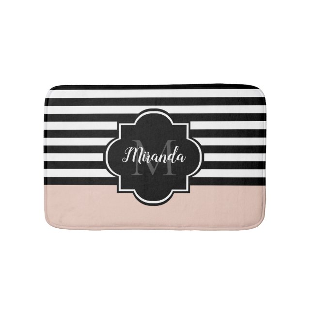 Tapis De Bain Chic rose et noir larges bandes Nom et monogramme (Devant)