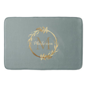 Tapis De Bain Chic Sage Green Gold Monogramme Eucalyptus Wreath