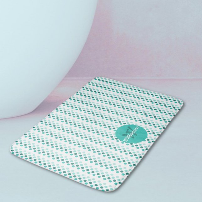 Tapis De Bain Chic Turquoise Blanc Teal Points Monogramme Nom (Chic Turquoise White Teal Dots Monogram Name Bath Mat)